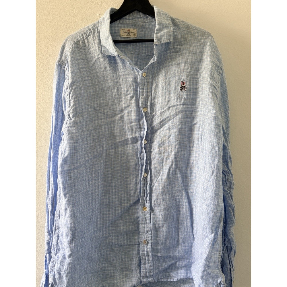 Psycho Bunny Mens Light Blue Plaid 100% Linen Long Sleeve Button Up Shirt XXL